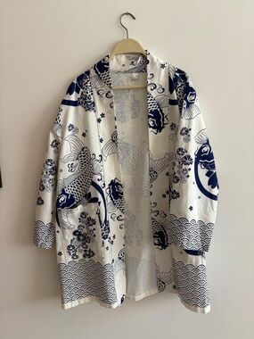Japanese Koi Fish Kimono Cardigan | White & Navy Open Front Duster | Boho Coasta